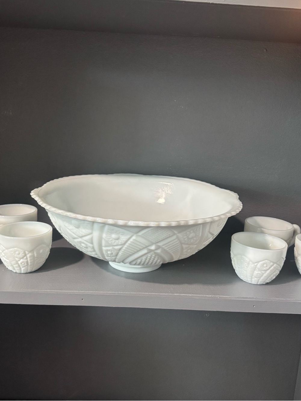 White Decorative Milk Glass Punch Bowl with Six Matching Cups